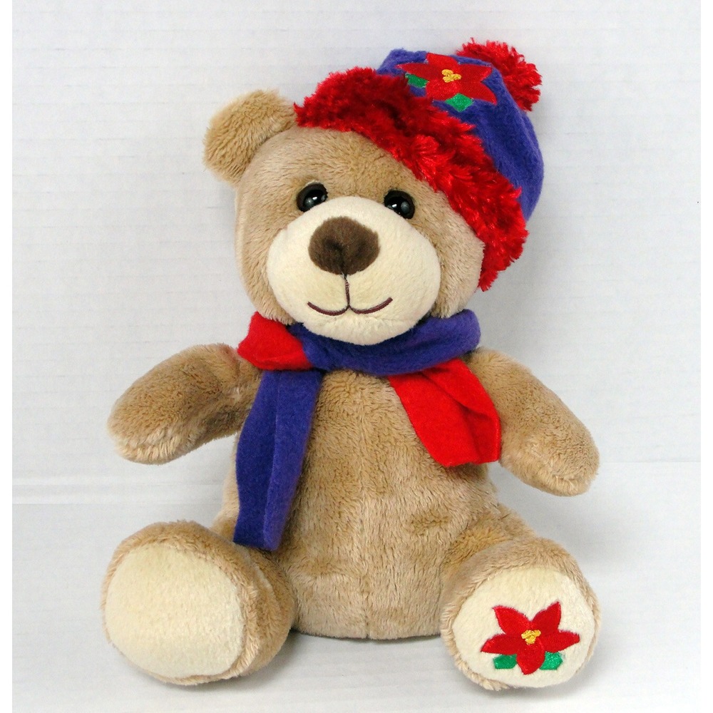 Walmart Teddy Bear Plush Christmas Poinsettia Toboggan Hat Scarf Holiday Tan 9"